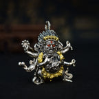 Six-Armed Mahakala Sterling Silver Pendant - Inlaid with Natural Red Agate