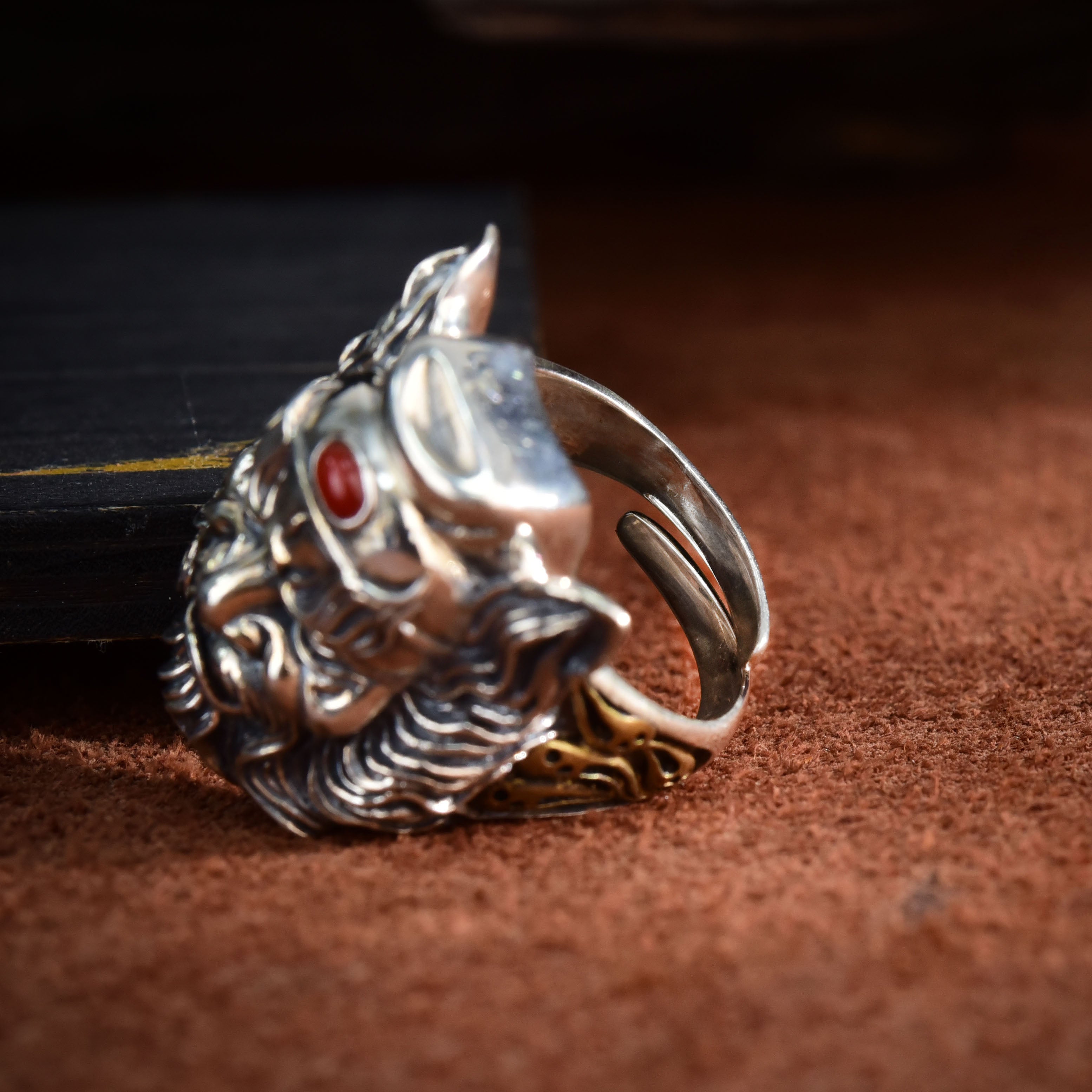 Hand-Forged Guardian Spirit Ring - Sterling Silver with Copper Inlay & Nanhong Gemstone