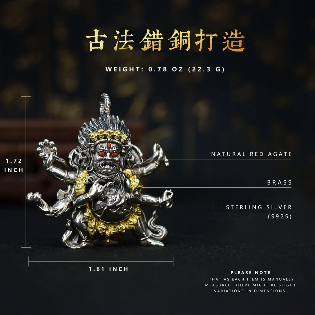 Six-Armed Mahakala Sterling Silver Pendant - Inlaid with Natural Red Agate