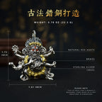 Six-Armed Mahakala Sterling Silver Pendant - Inlaid with Natural Red Agate