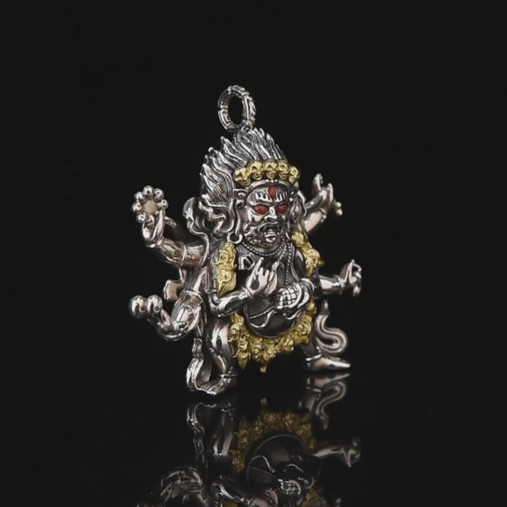 Six-Armed Mahakala Sterling Silver Pendant - Inlaid with Natural Red Agate